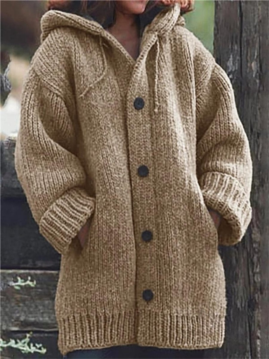 Women's Oversized Hooded Knit Button-Up Cardigan - Khaki