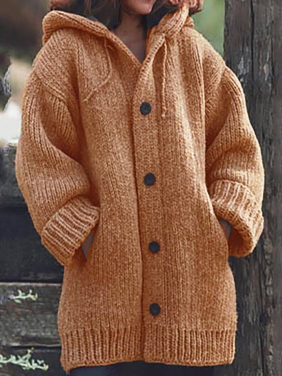 Women's Oversized Hooded Knit Button-Up Cardigan - Orange