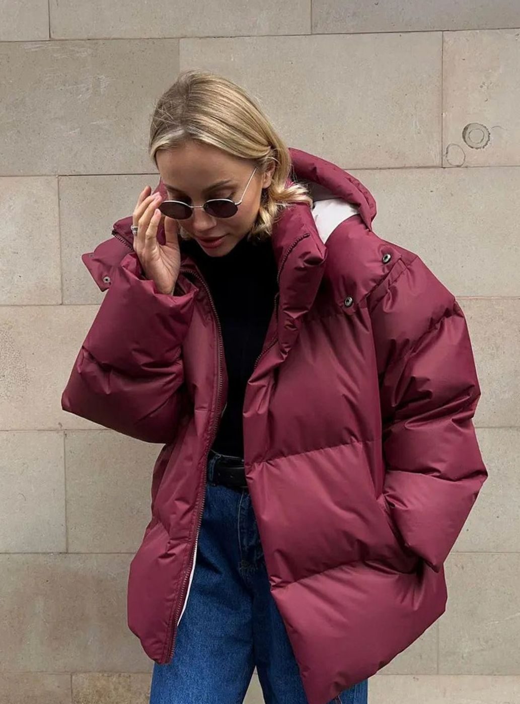 Women's Oversized Hooded Puffer Coat Zip-Up Winter Jacket - Red