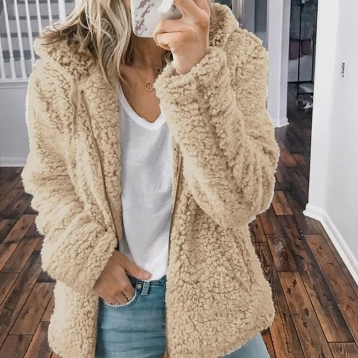 Women's Oversized Hooded Teddy Fleece Zip-Up Coat - Beige