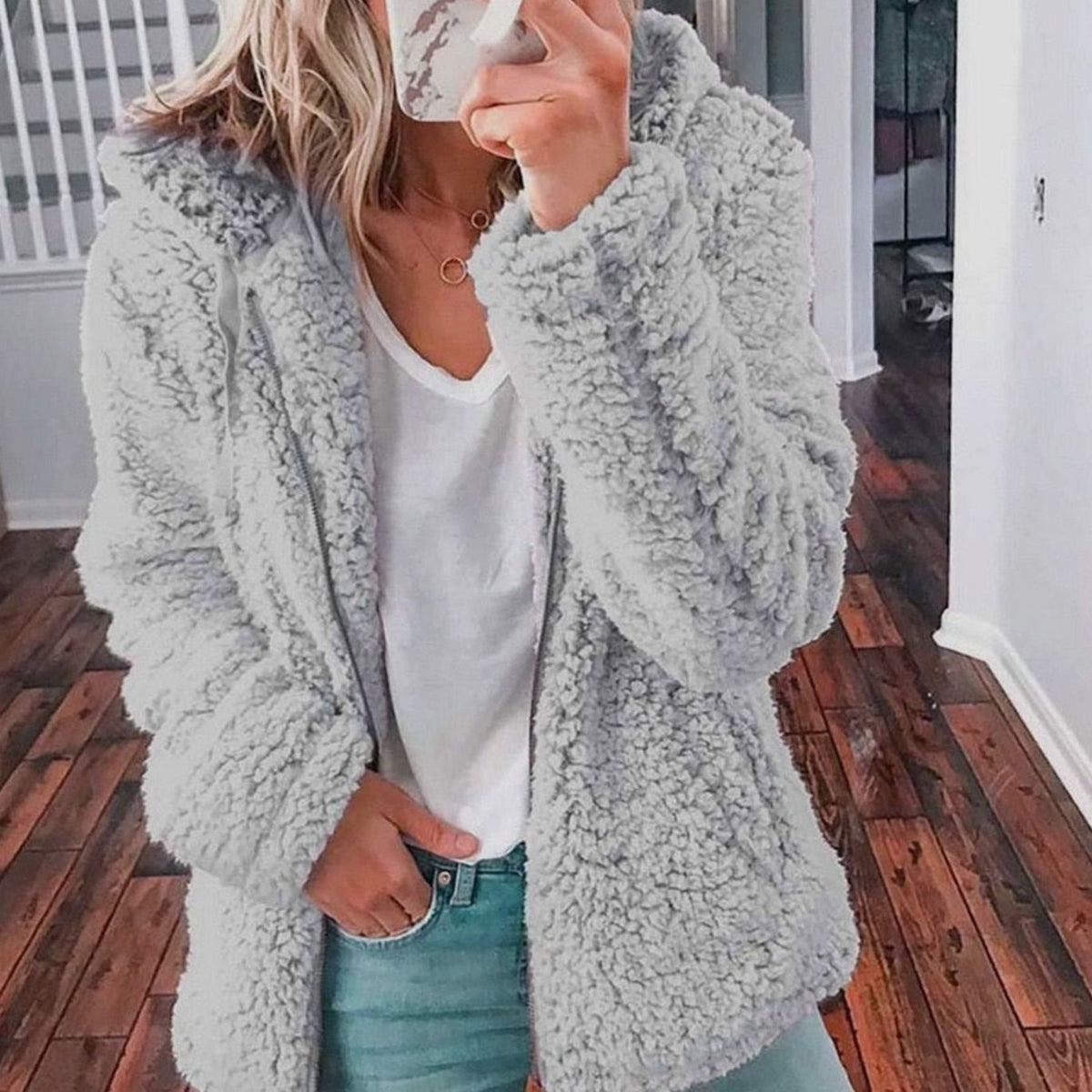Women's Oversized Hooded Teddy Fleece Zip-Up Coat - Light Grey