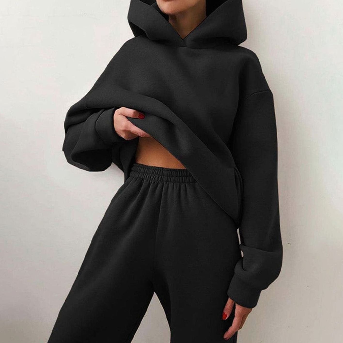 Women's Oversized Hoodie High-Waist Jogger Two-Piece Set - Black