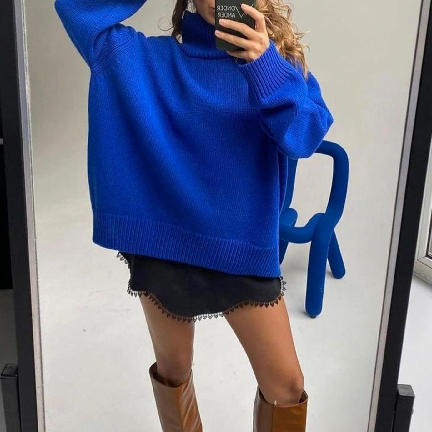 Women's Oversized Knit Turtleneck Long-Sleeve Jumper - Blue