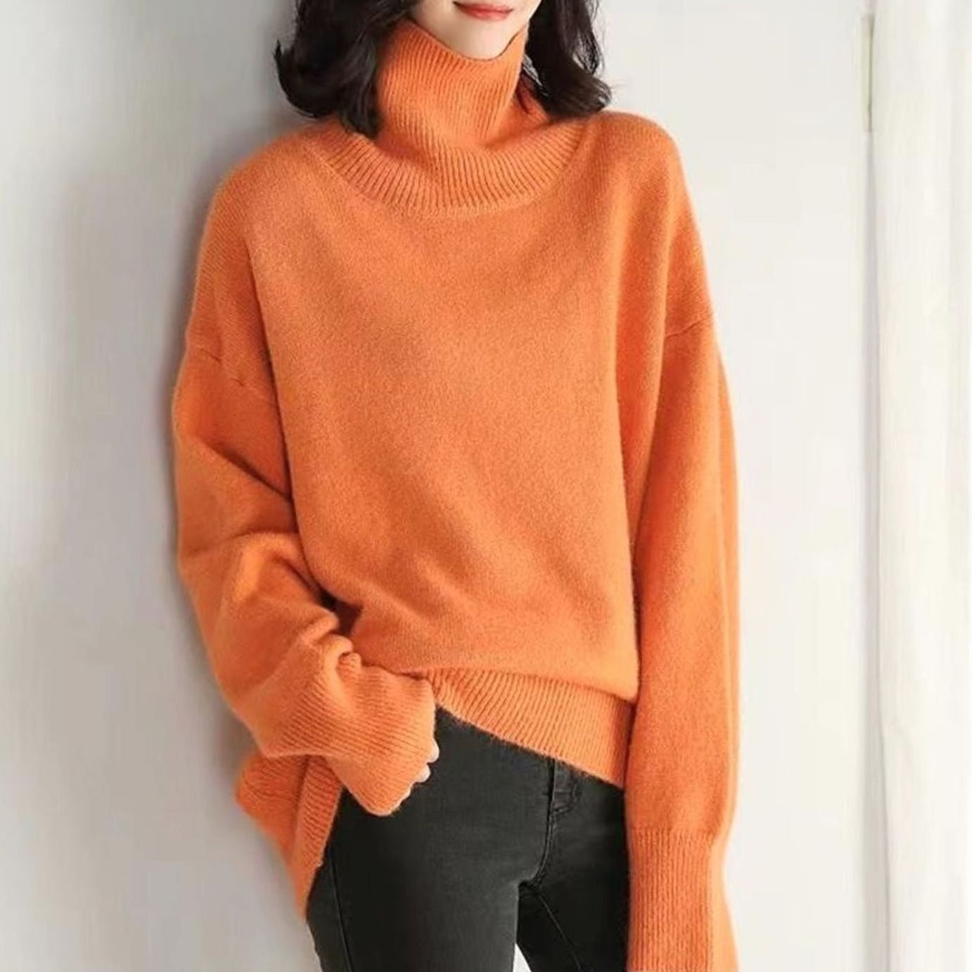 Women's Oversized Knit Turtleneck Long-Sleeve Jumper - Orange