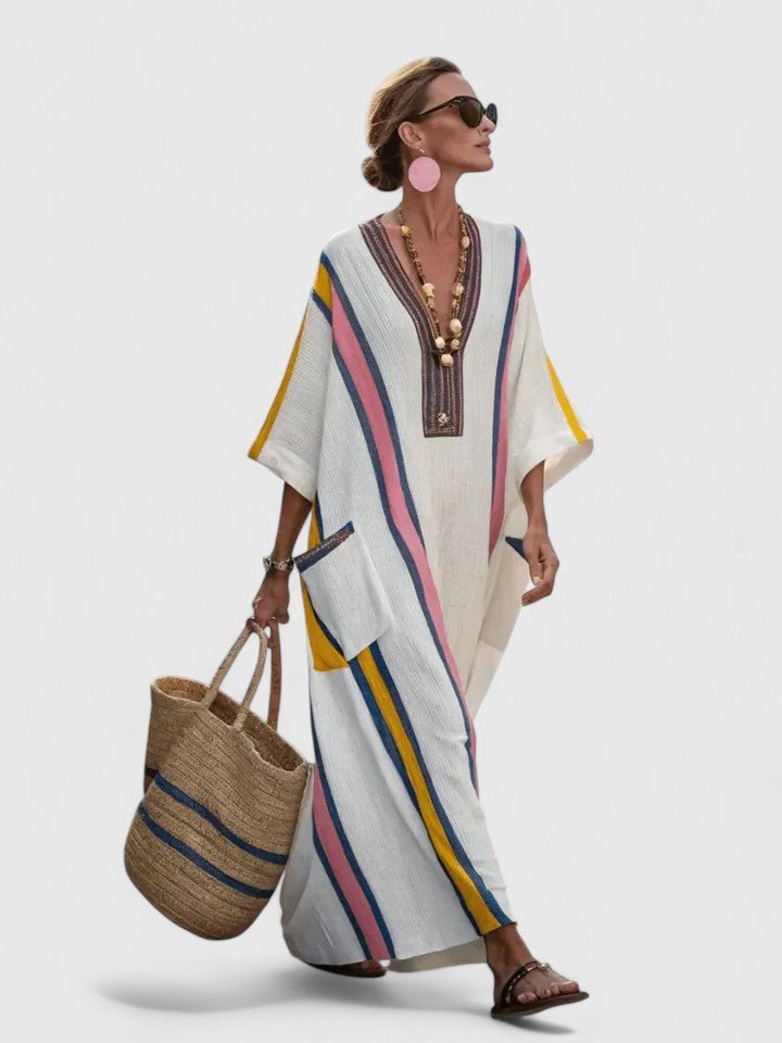 Women's Oversized Linen V-Neck Stripe-Trim Boho Maxi Dress - White 2