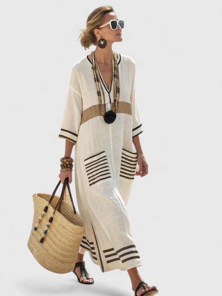 Women's Oversized Linen V-Neck Stripe-Trim Boho Maxi Dress - Beige