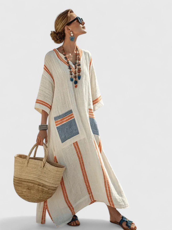 Women's Oversized Linen V-Neck Stripe-Trim Boho Maxi Dress - Beige 4
