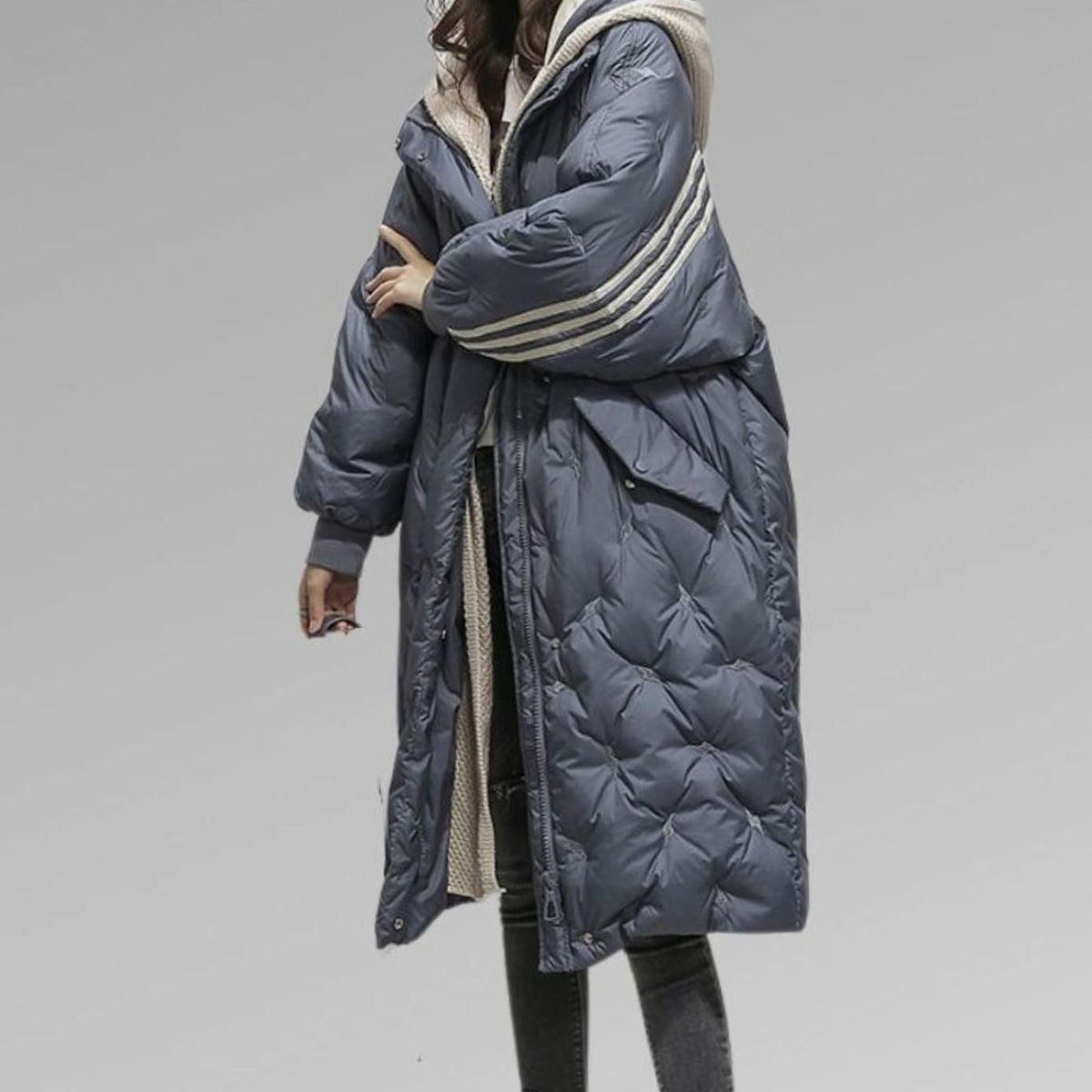 Women's Oversized Long Quilted Hooded Puffer Coat - Blue