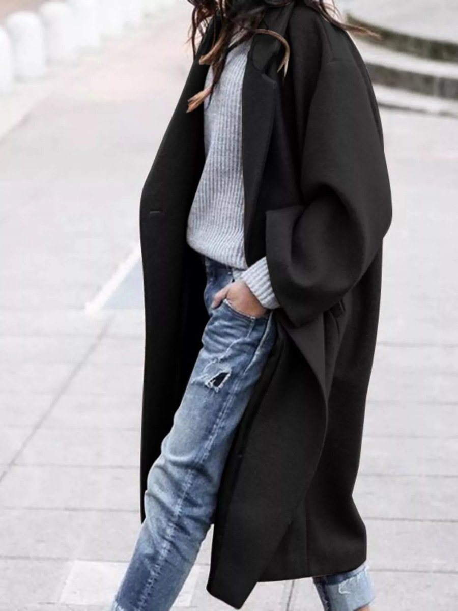 Women's Oversized Long Wool-Blend Winter Coat Relaxed Fit - Black
