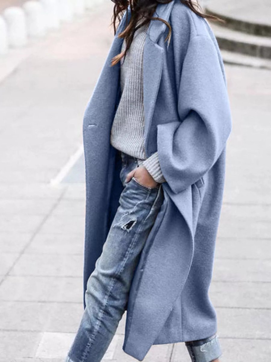 Women's Oversized Long Wool-Blend Winter Coat Relaxed Fit - Blue