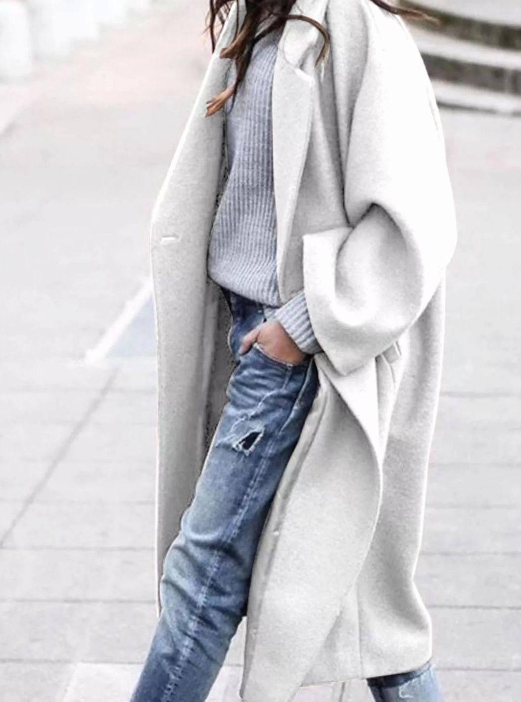 Women's Oversized Long Wool Coat Wide-Sleeve Winter Outerwear - White