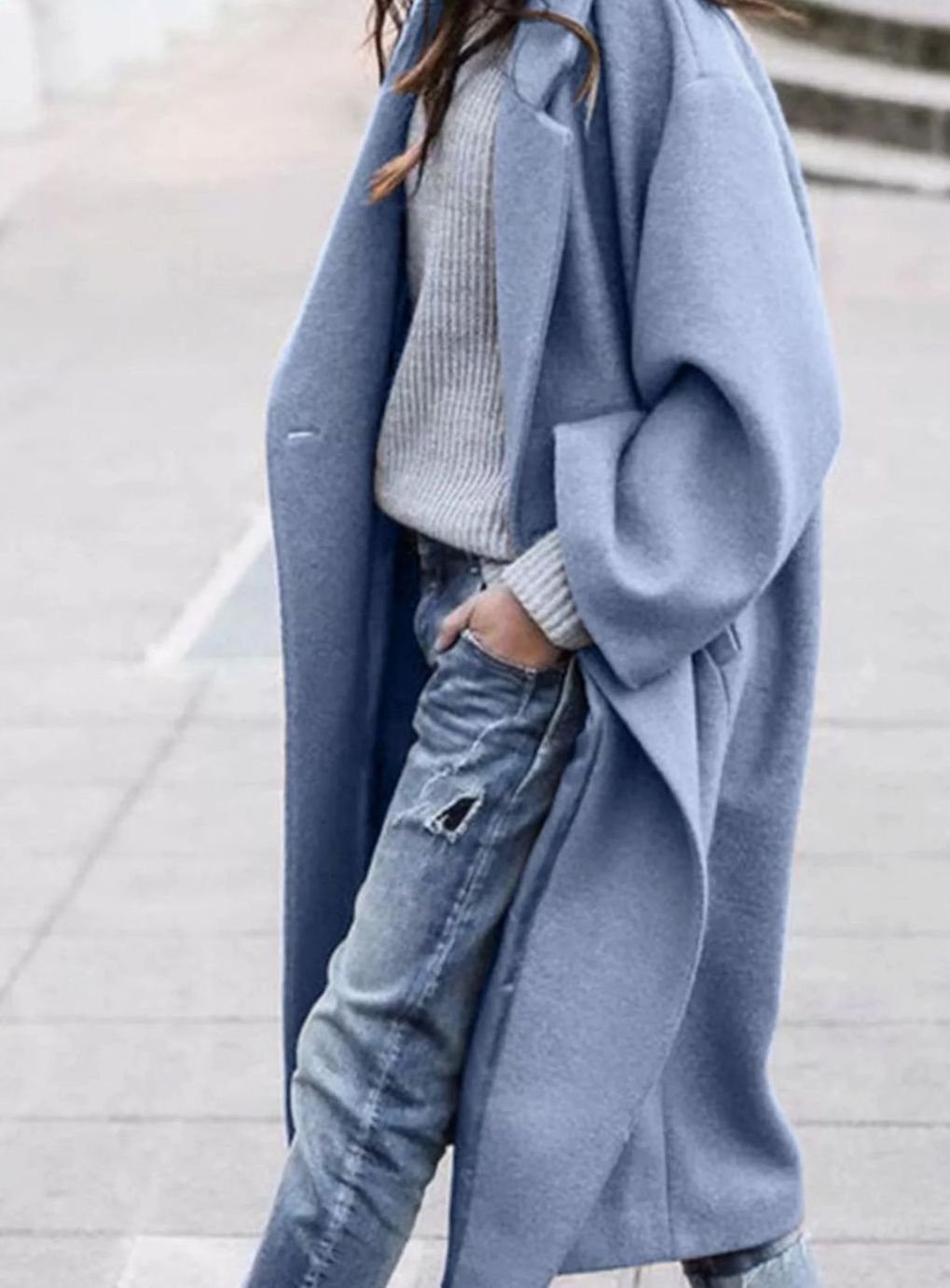 Women's Oversized Long Wool Coat Wide-Sleeve Winter Outerwear - Blue