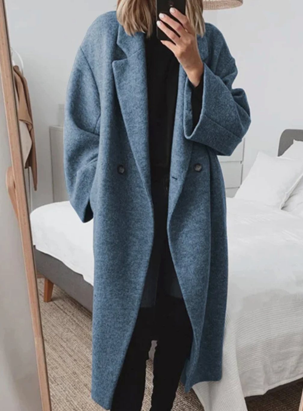 Women's Oversized Longline Double-Breasted Wool-Look Coat - Blue