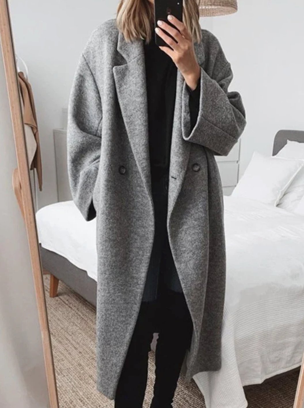 Women's Oversized Longline Double-Breasted Wool-Look Coat - Grey