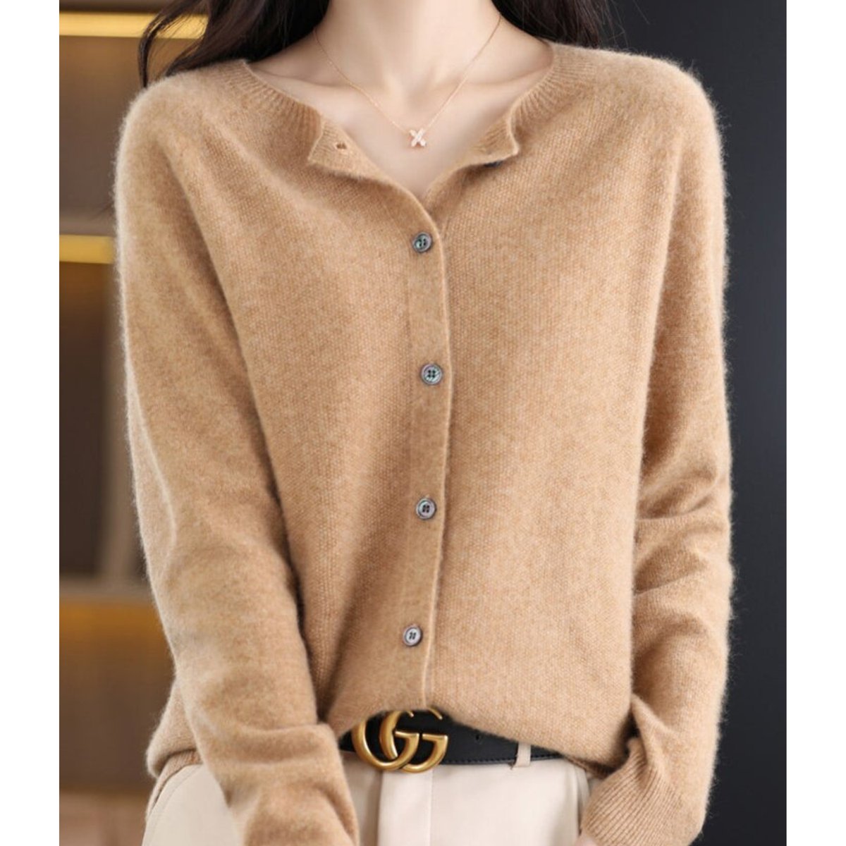 Women's Oversized Merino Wool Button-Up Knit Cardigan - Light Brown