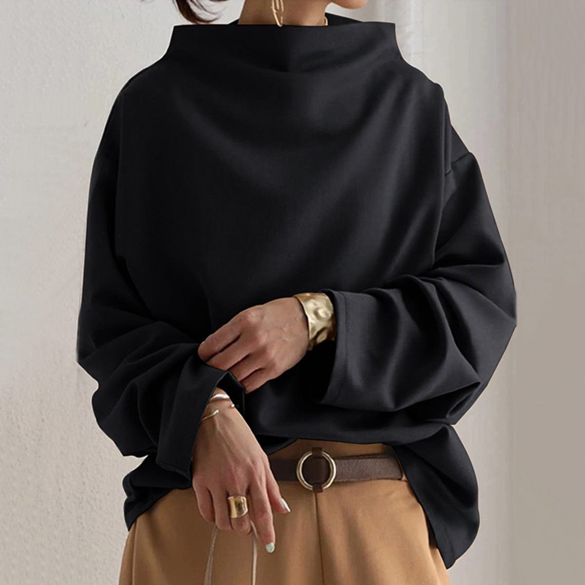 Women's Oversized Mock-Neck Knit Sweater Top - Black