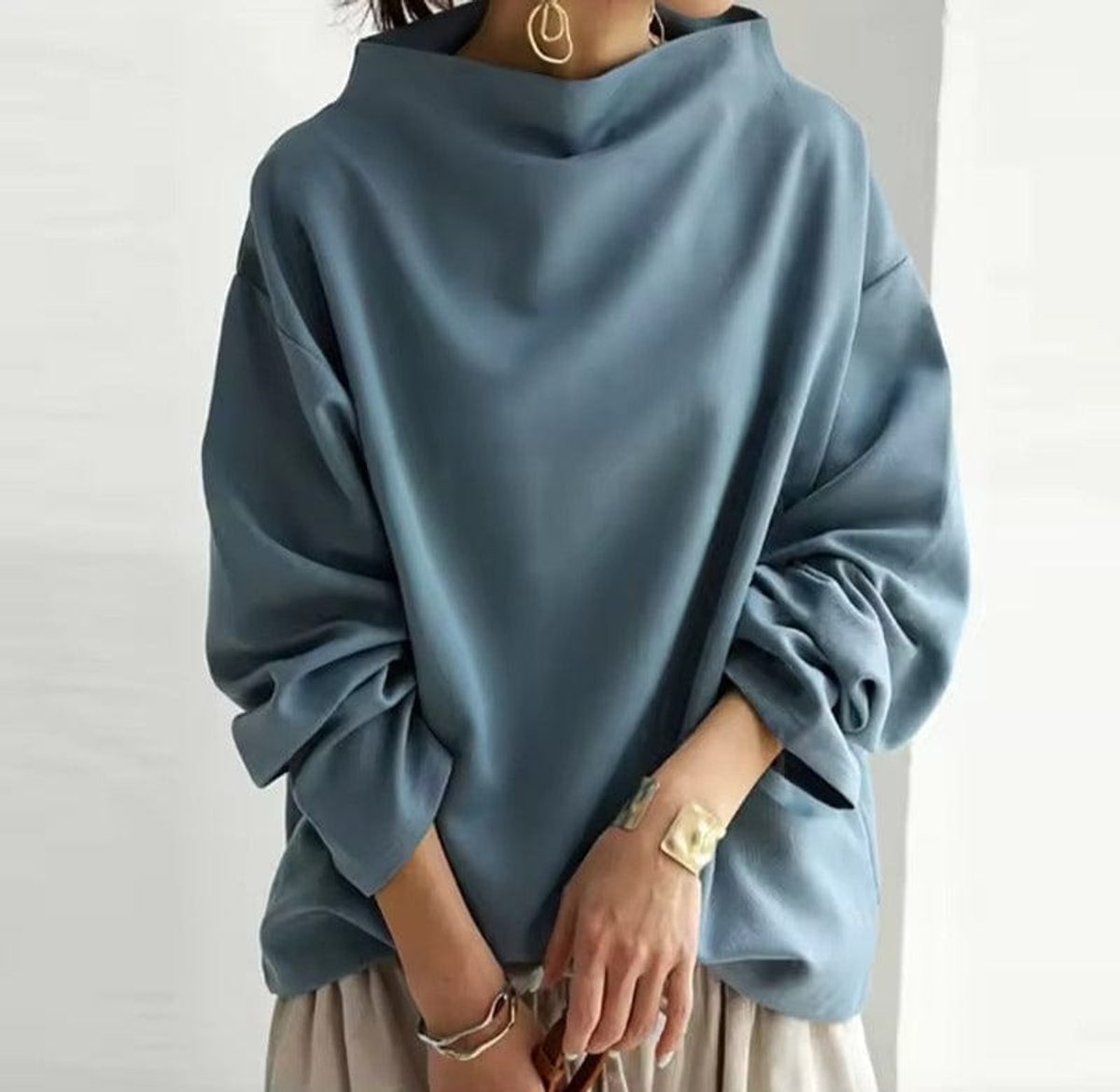 Women's Oversized Mock-Neck Knit Sweater Top - Blue