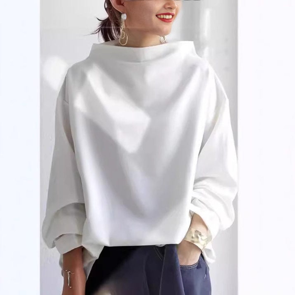Women's Oversized Mock-Neck Knit Sweater Top - White