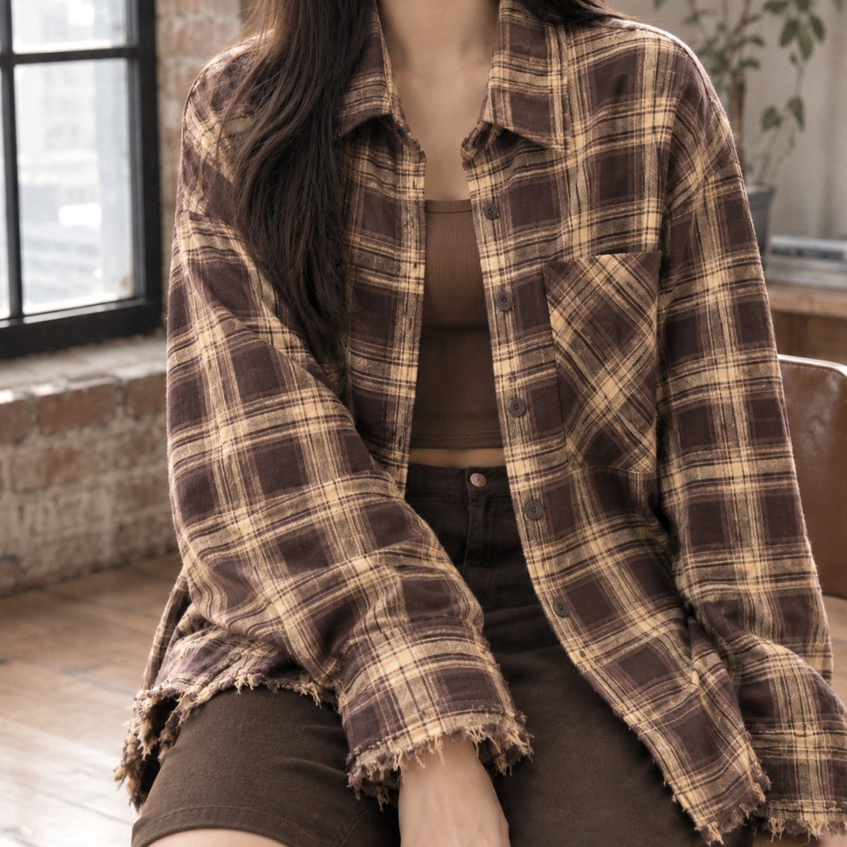 Women's Oversized Plaid Flannel Button-Front Overshirt - Brown Check
