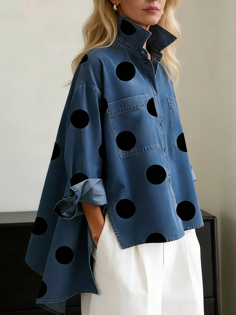 Women's Oversized Polka Dot Denim Long-Sleeve Shirt - Blue