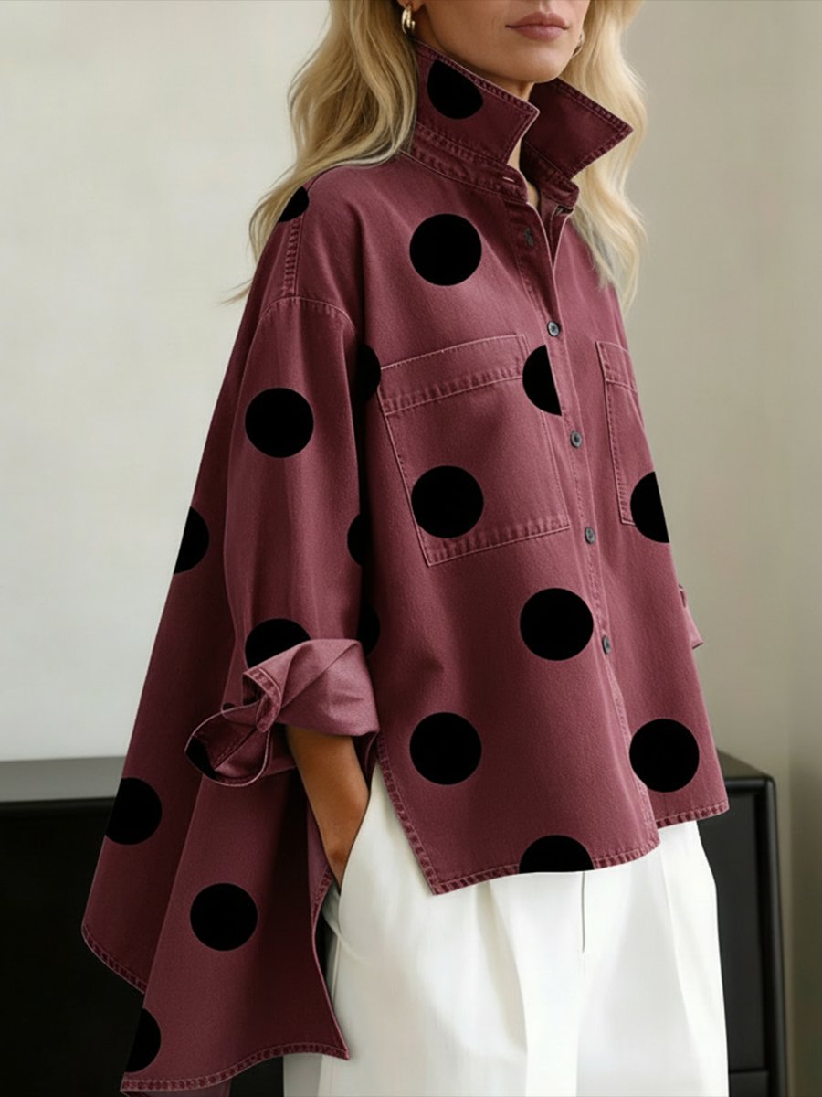 Women's Oversized Polka Dot Denim Long-Sleeve Shirt - Red
