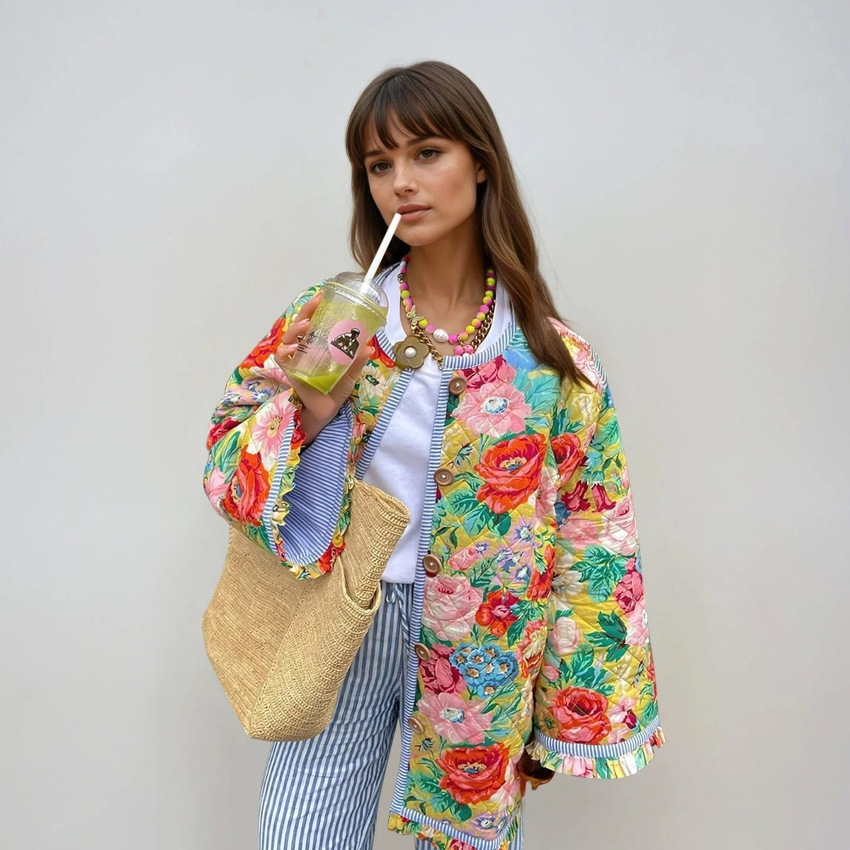 Women's Oversized Quilted Floral Button-Up Jacket