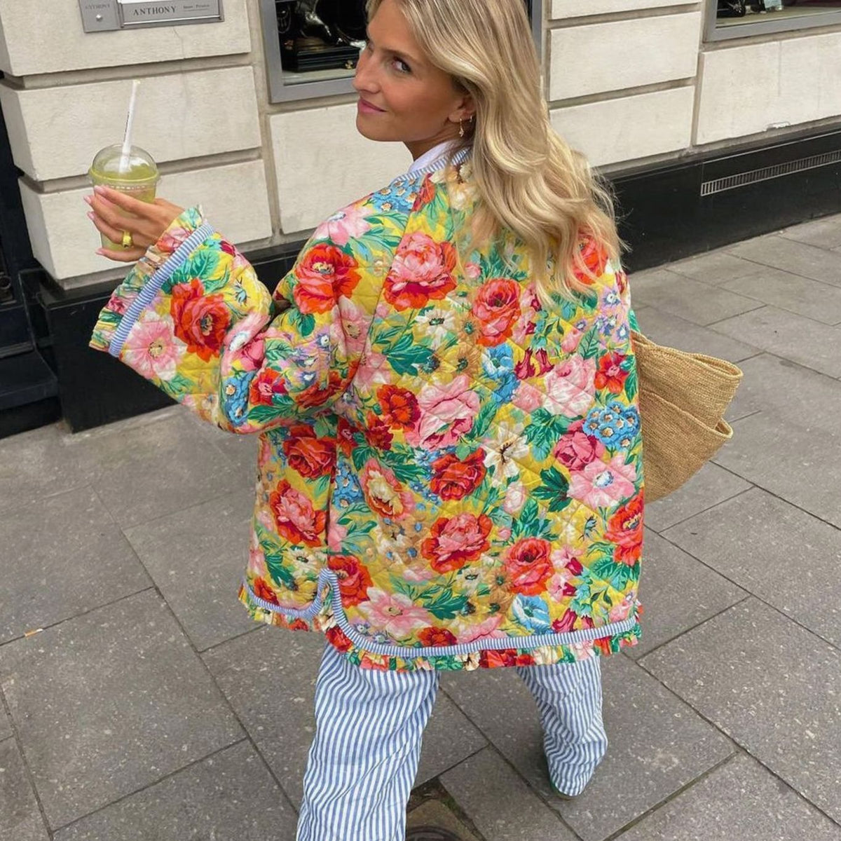 Women's Oversized Quilted Floral Button-Up Jacket