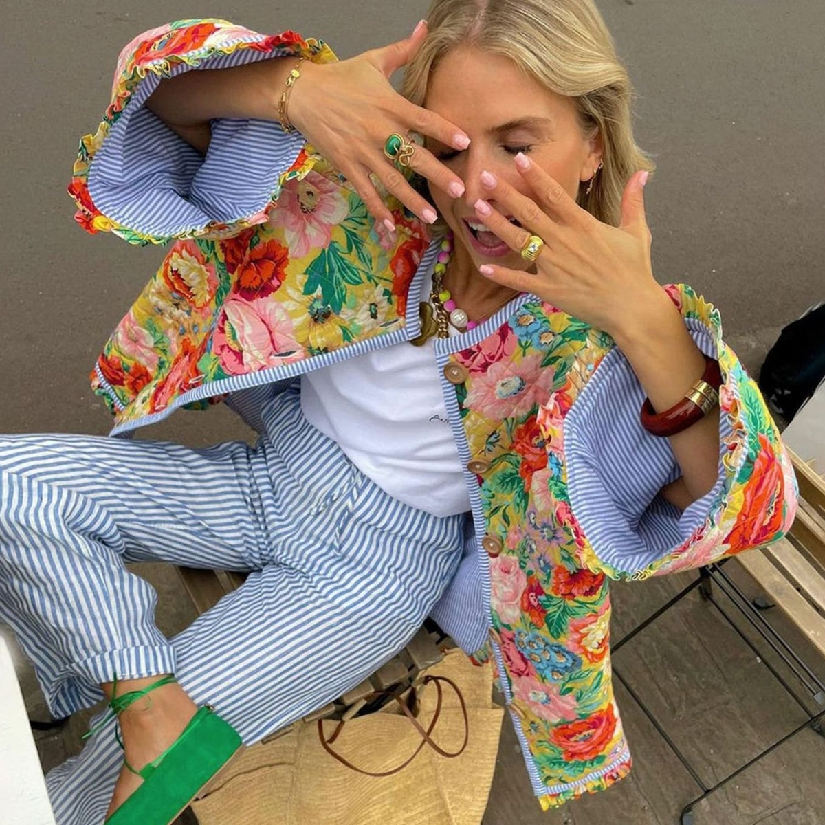 Women's Oversized Quilted Floral Button-Up Jacket
