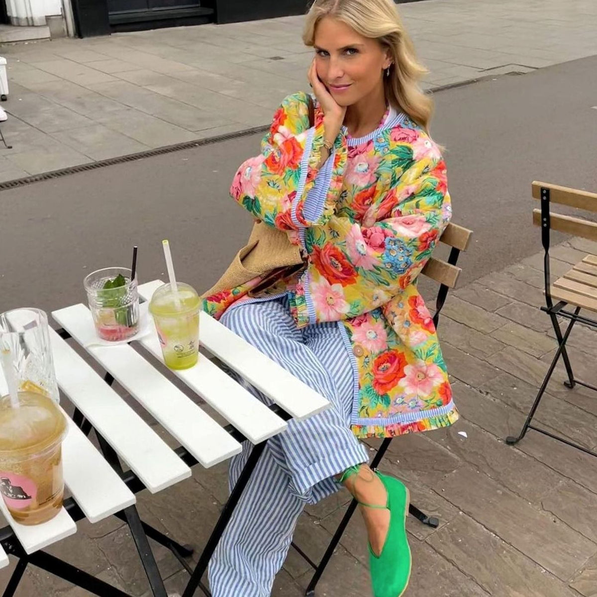 Women's Oversized Quilted Floral Button-Up Jacket