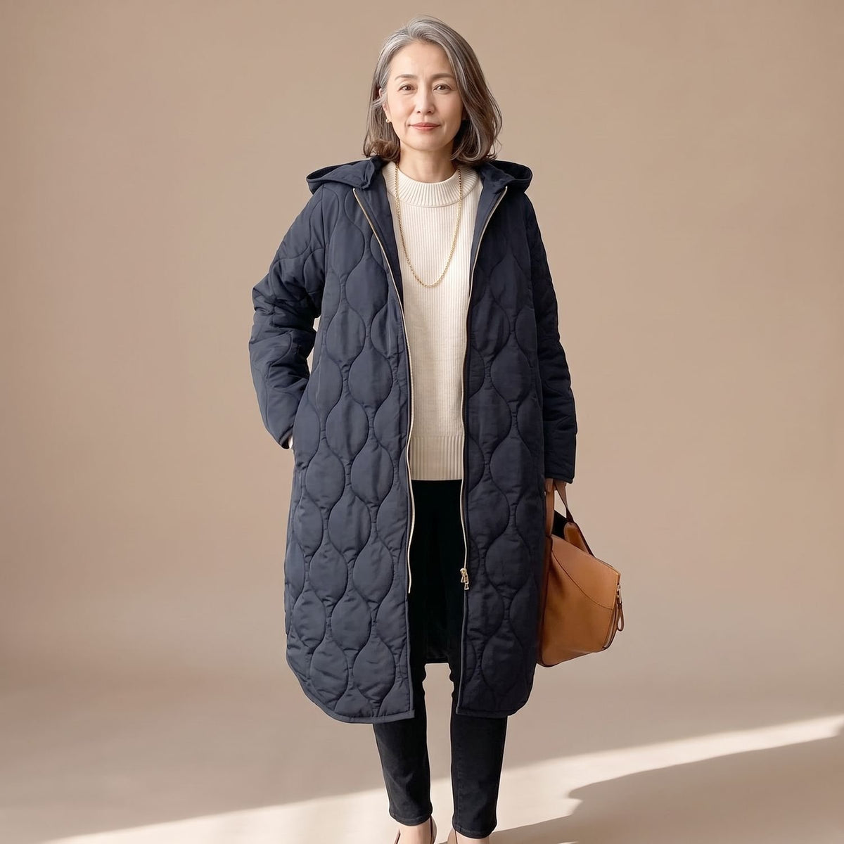 Women's Oversized Quilted Hooded Puffer Jacket Long Padded Coat - Navy Blue