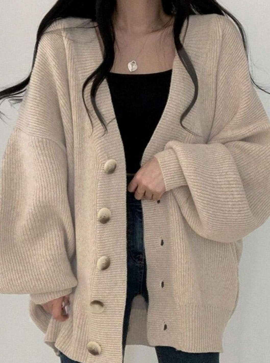 Women's Oversized Ribbed-Knit Button-Down Winter Cardigan - Beige