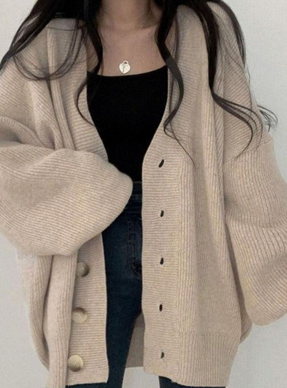 Women's Oversized Ribbed-Knit Button-Down Winter Cardigan