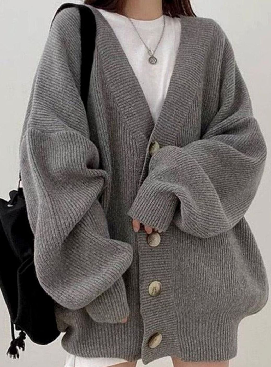 Women's Oversized Ribbed-Knit Button-Down Winter Cardigan - Grey