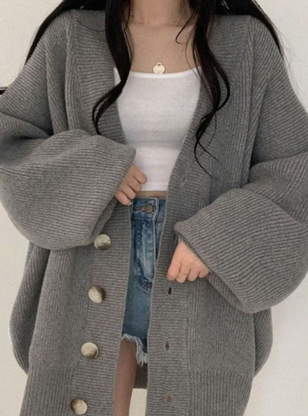 Women's Oversized Ribbed-Knit Button-Down Winter Cardigan