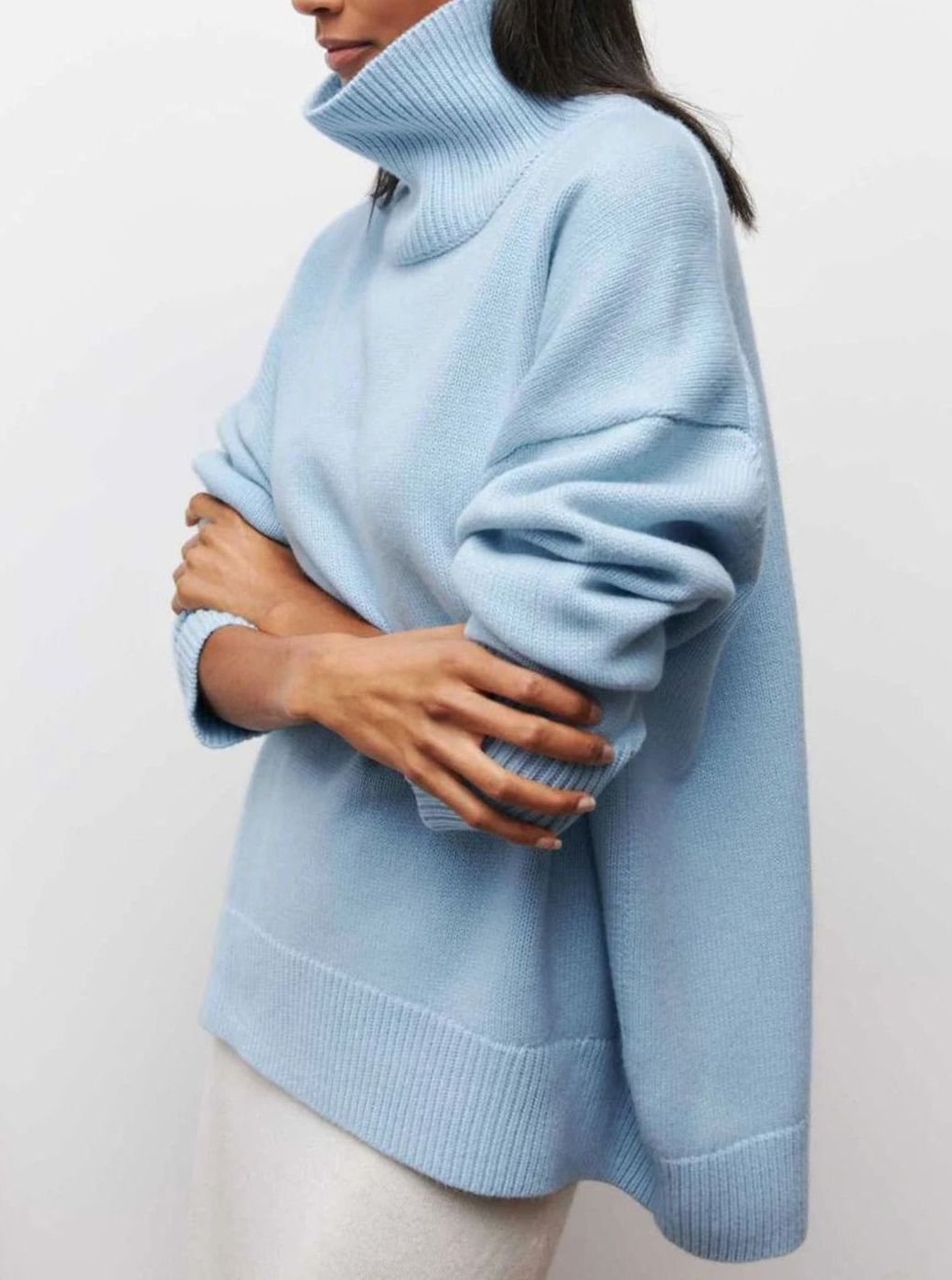 Women's Oversized Roll Neck Ribbed Knit Elbow-Slit Sweater