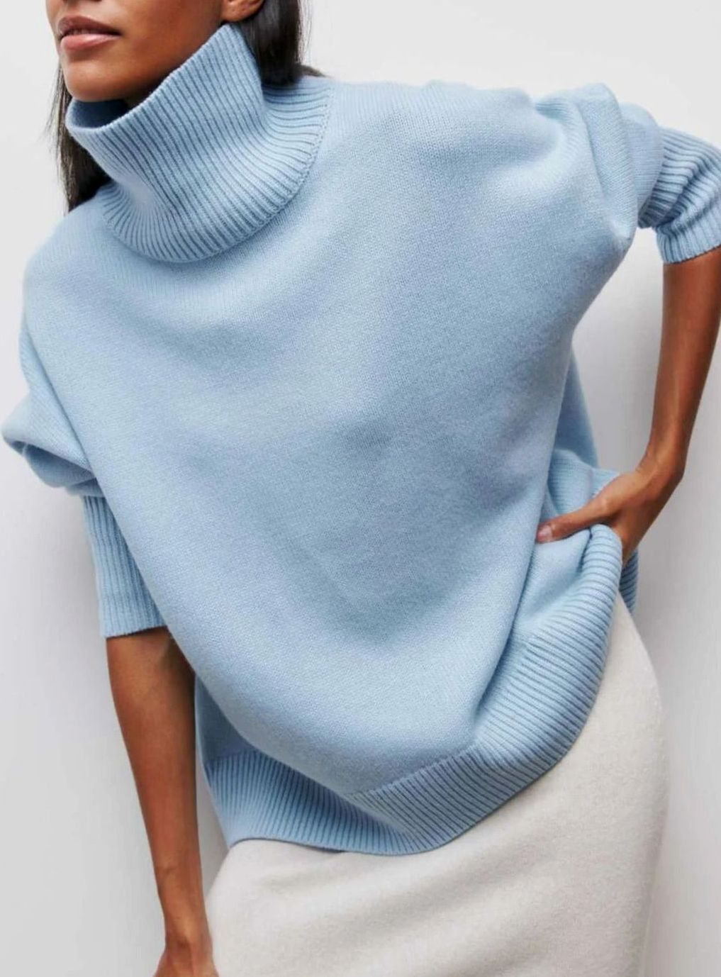 Women's Oversized Roll Neck Ribbed Knit Elbow-Slit Sweater