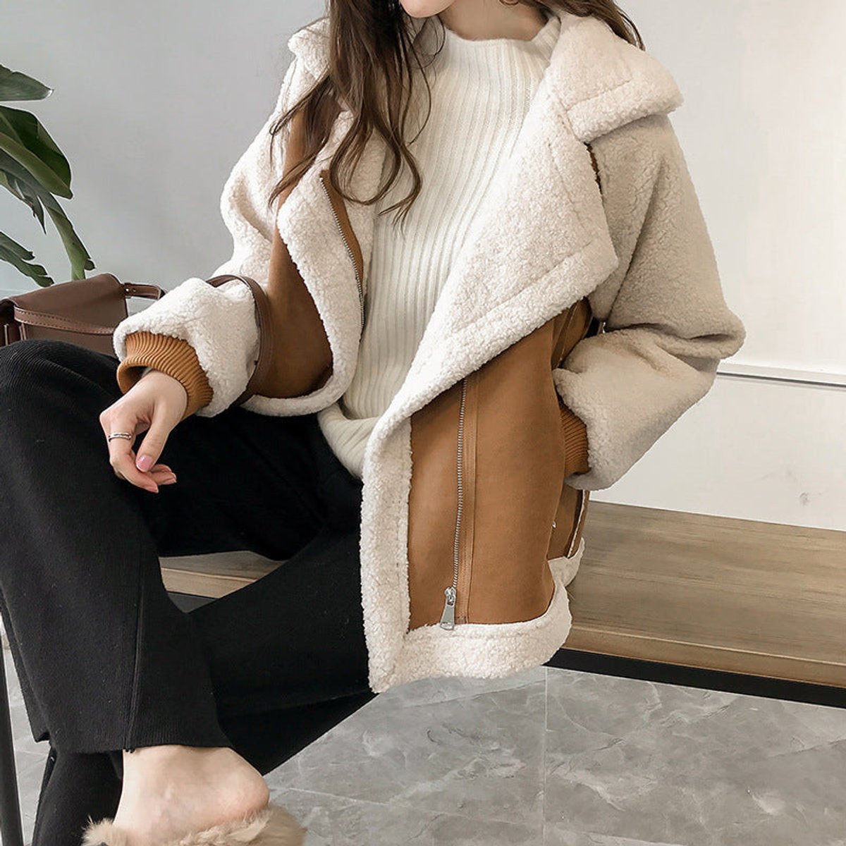 Women's Oversized Sherpa Colour Block Zip-Up Winter Coat
