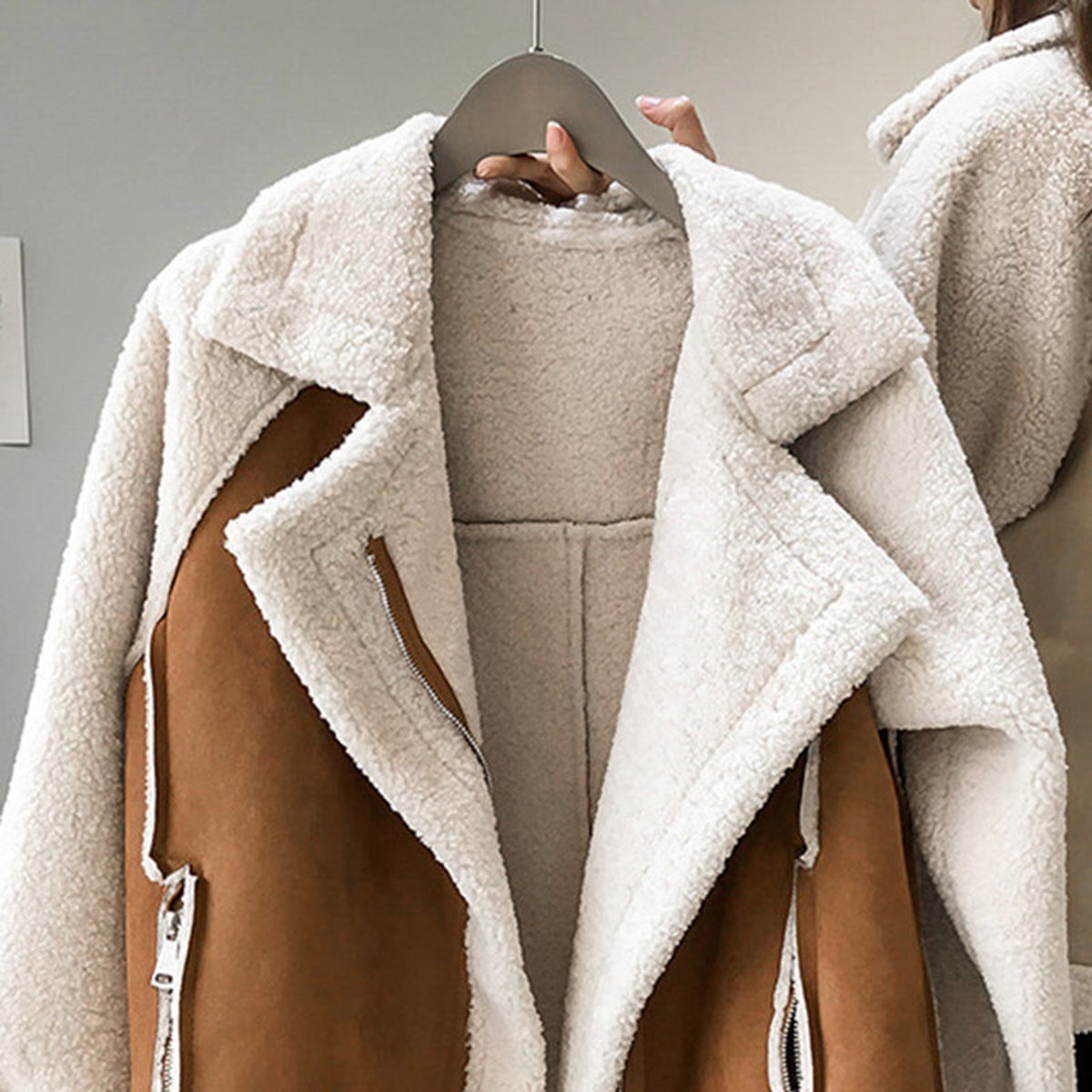 Women's Oversized Sherpa Colour Block Zip-Up Winter Coat