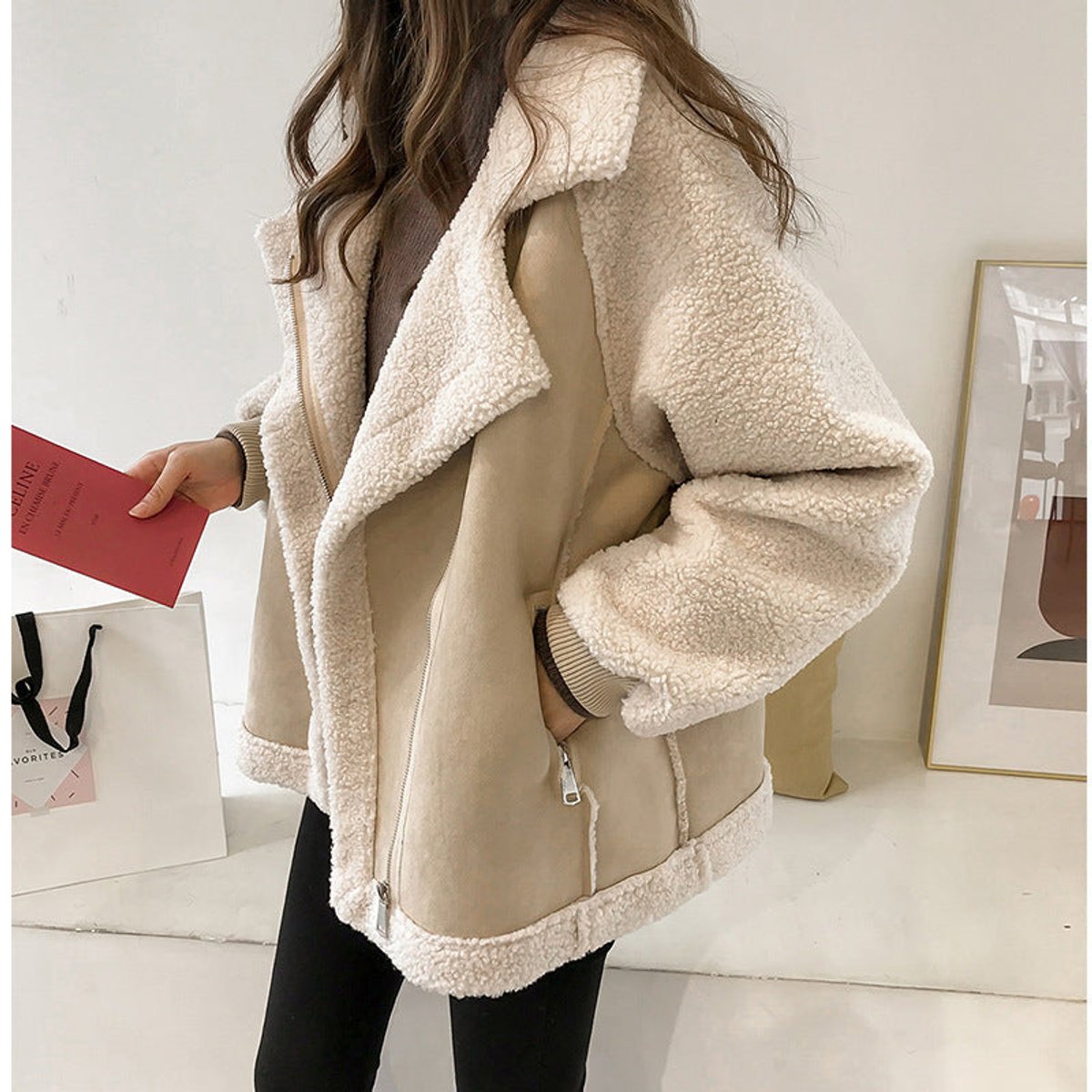 Women's Oversized Sherpa Colour Block Zip-Up Winter Coat - Beige