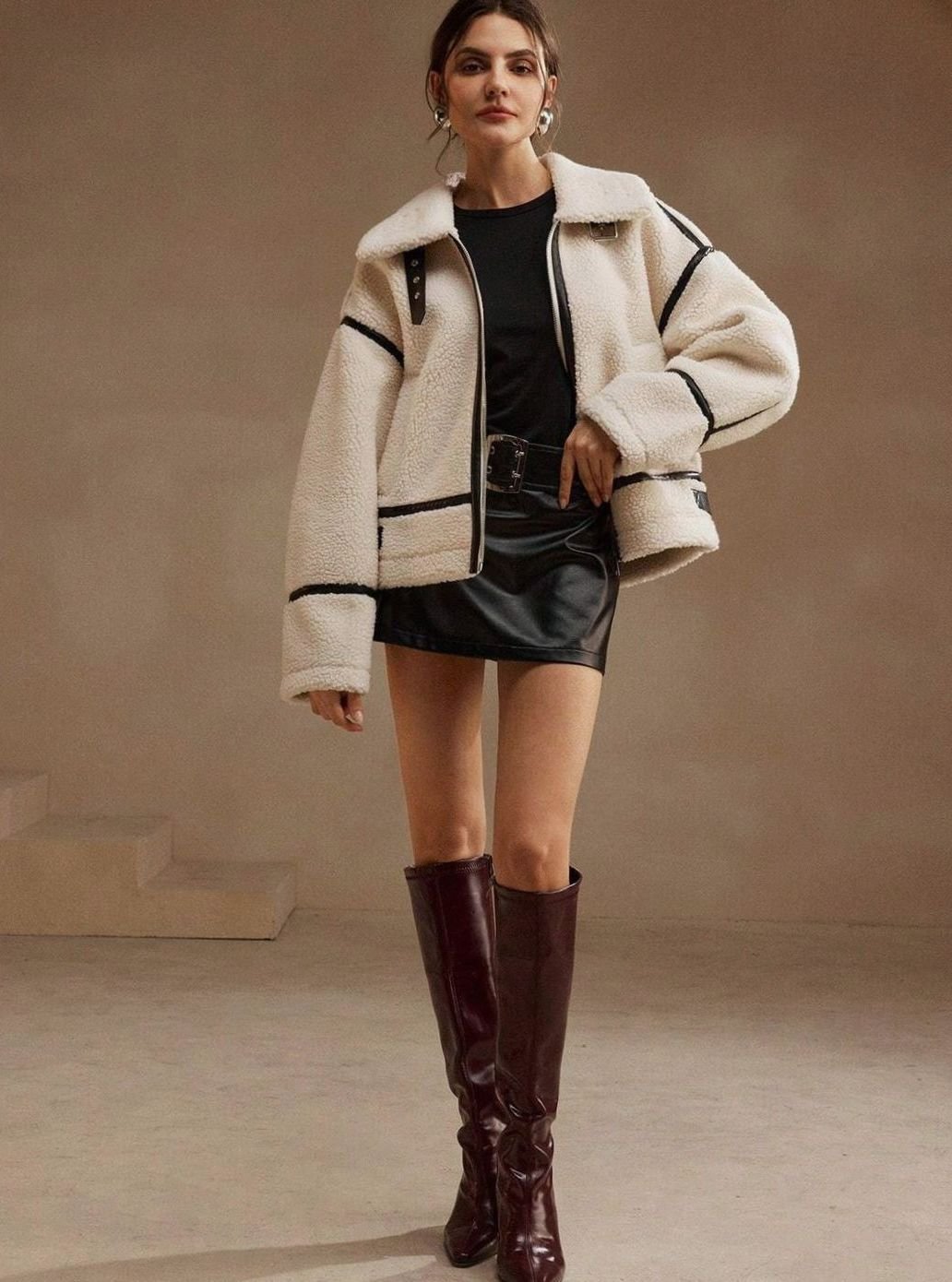 Women's Oversized Sherpa Teddy Jacket Contrast Trim Zip-Front