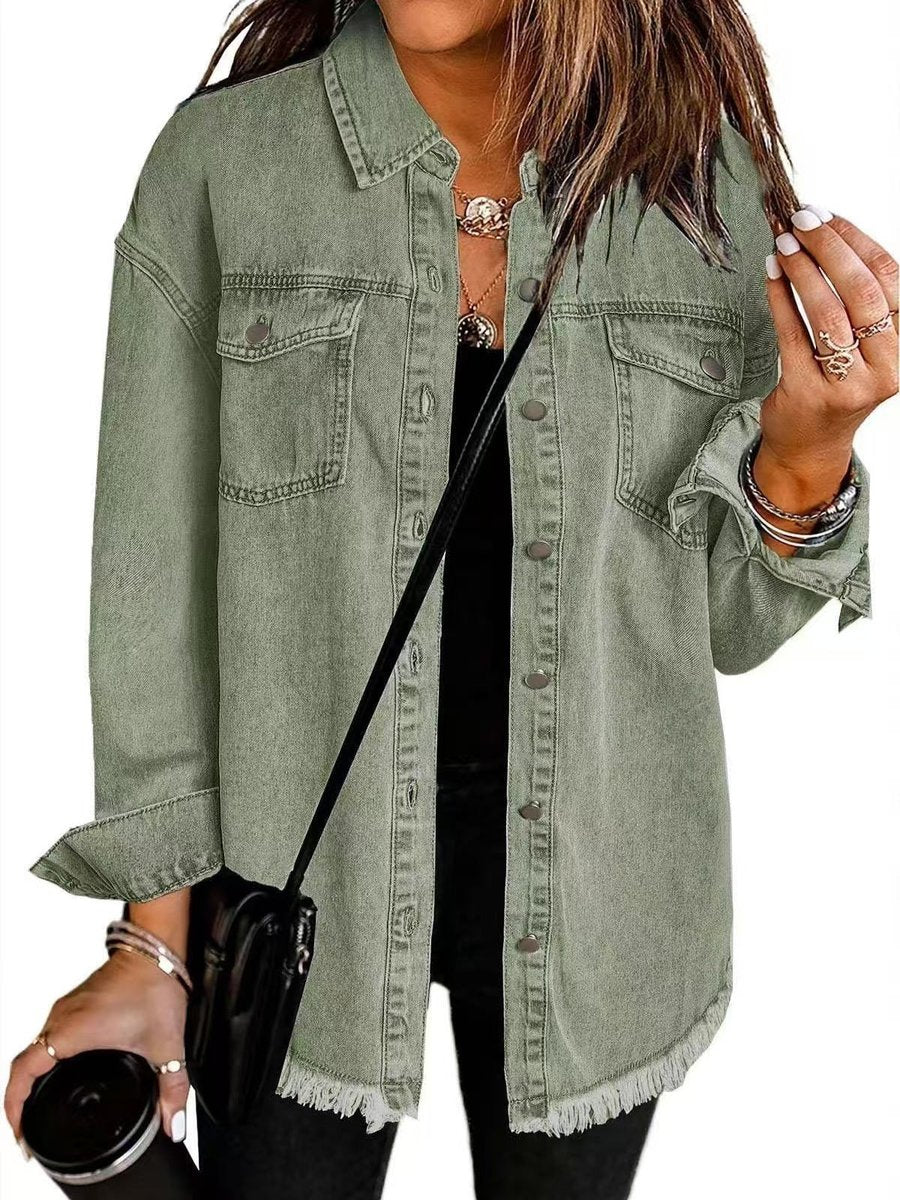 Women's Oversized Snap-Button Denim Jacket Frayed Hem - Olive Green