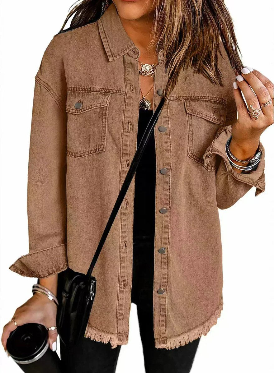 Women's Oversized Snap-Button Denim Jacket Frayed Hem - Brown