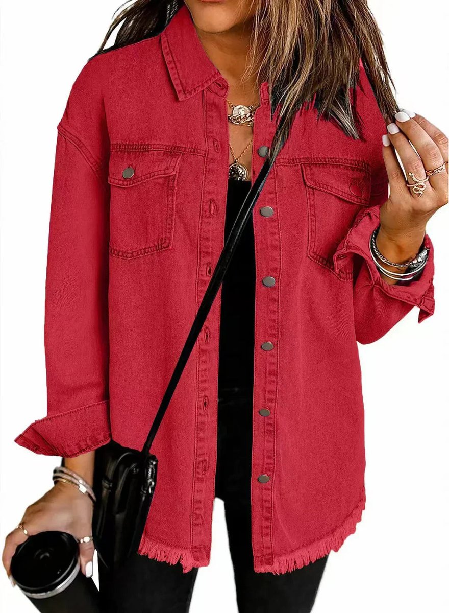 Women's Oversized Snap-Button Denim Jacket Frayed Hem - Red