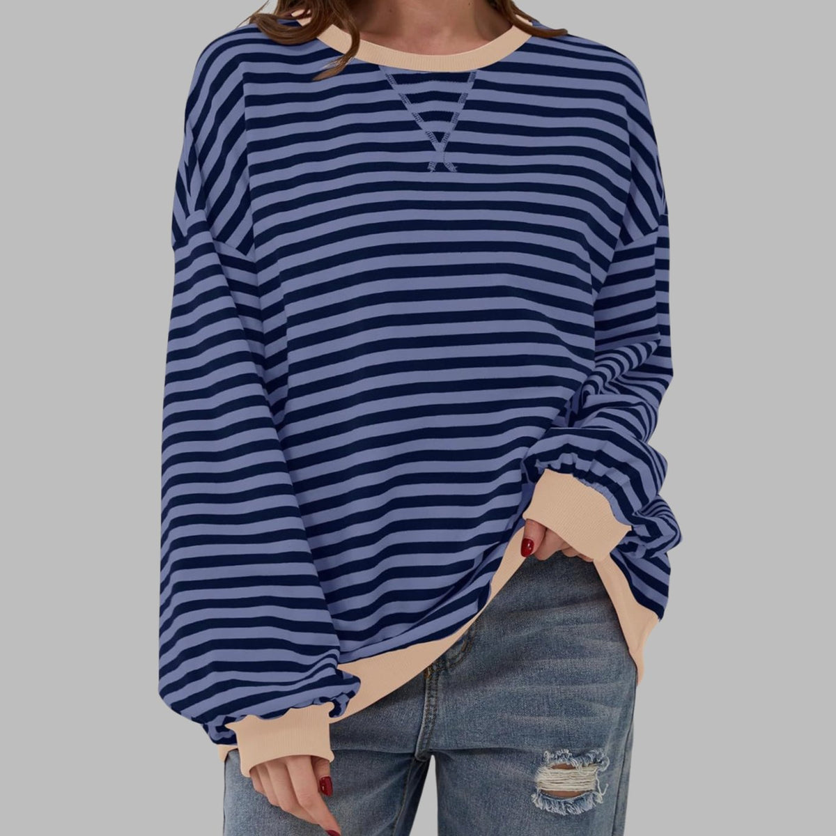 Women's Oversized Striped Crewneck Sweatshirt Retro Long Sleeve Top - Blue