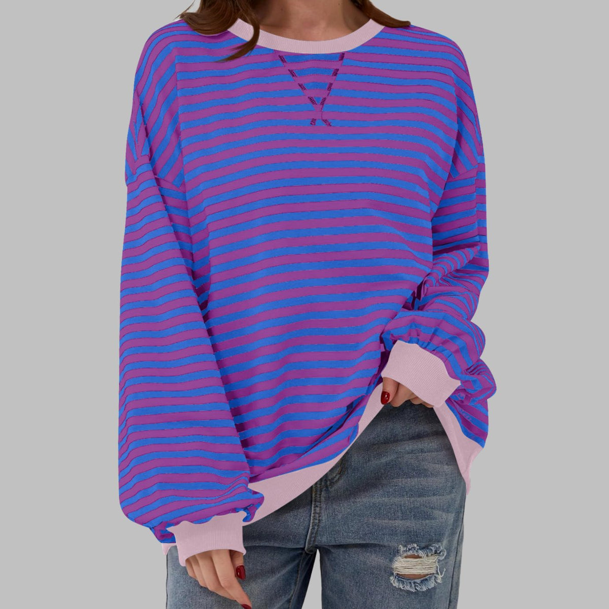 Women's Oversized Striped Crewneck Sweatshirt Retro Long Sleeve Top - Purple