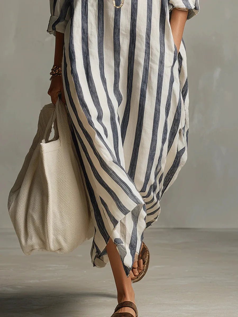 Women's Oversized Striped Linen Shirt Maxi Dress