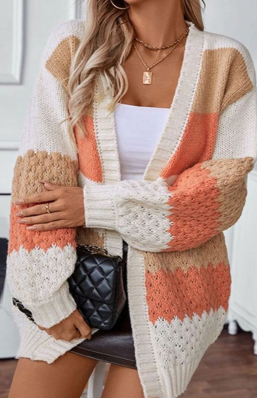 Women's Oversized Striped Open-Front Knit Cardigan