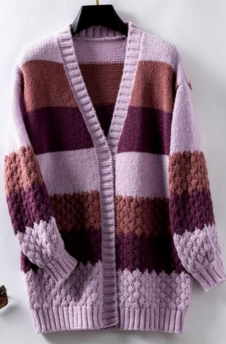 Women's Oversized Striped Open-Front Knit Cardigan - Purple