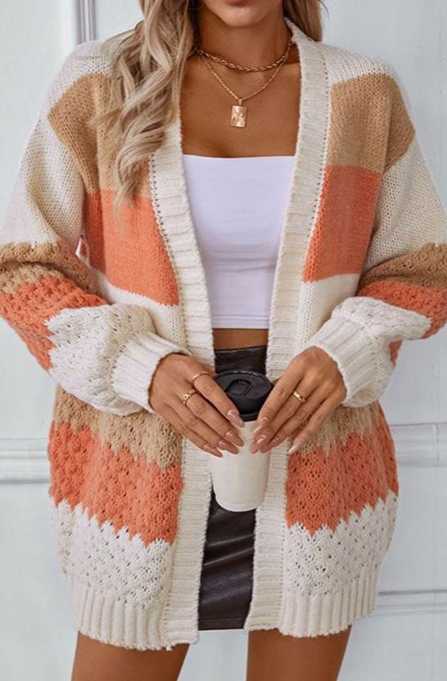 Women's Oversized Striped Open-Front Knit Cardigan