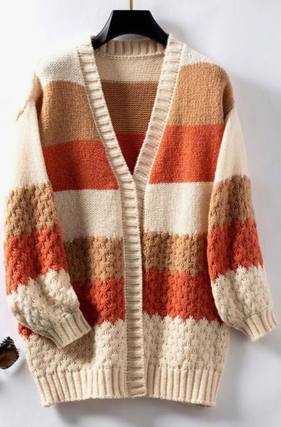 Women's Oversized Striped Open-Front Knit Cardigan - Orange